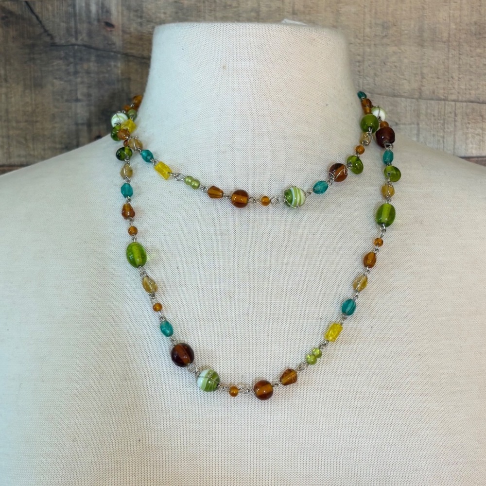 Multicolor Glass Beaded Double Strand Necklace Green Amber Teal 20 Inch
